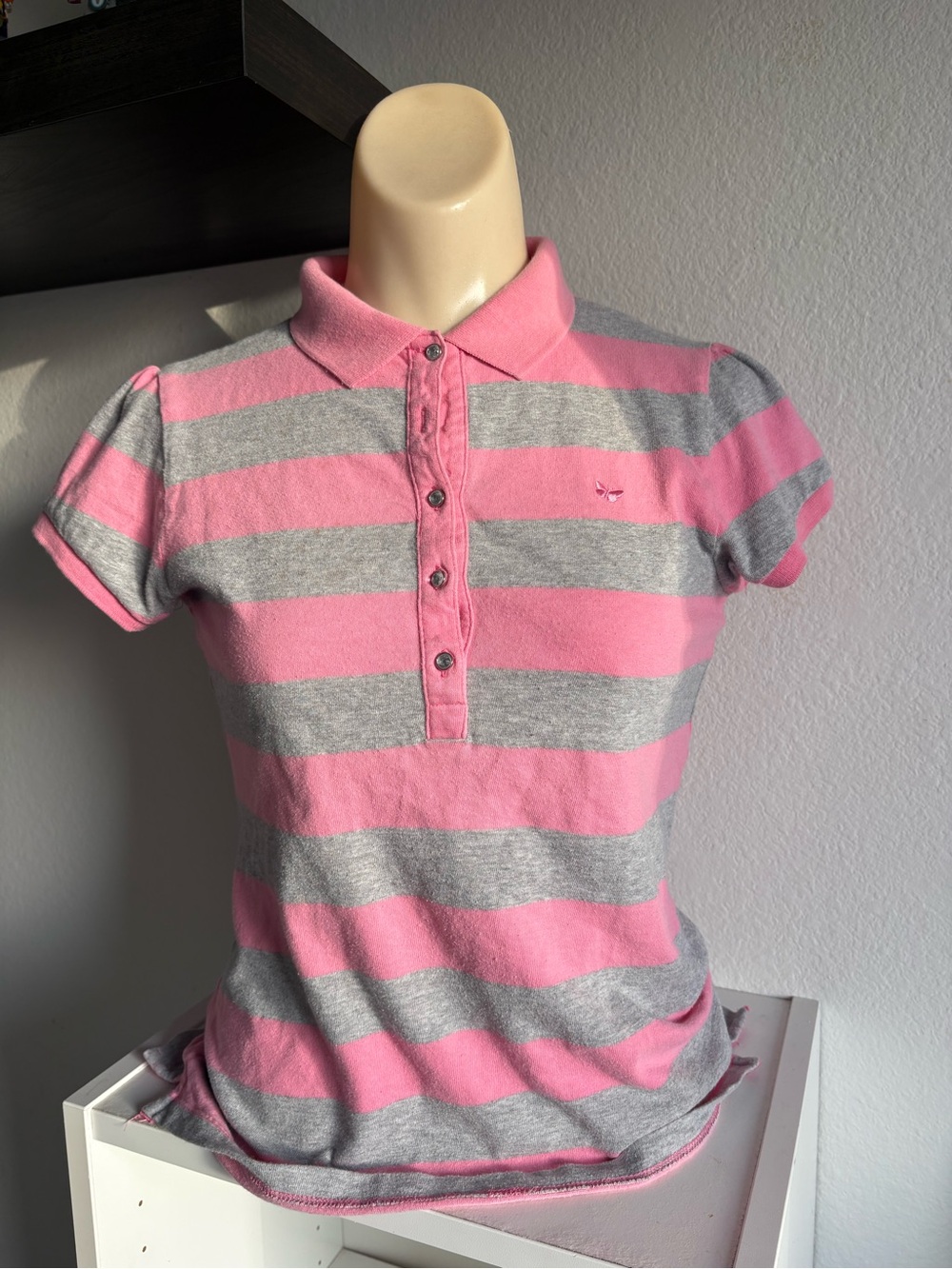 Arizona Jean Company Pink and Gray Striped Polo Top